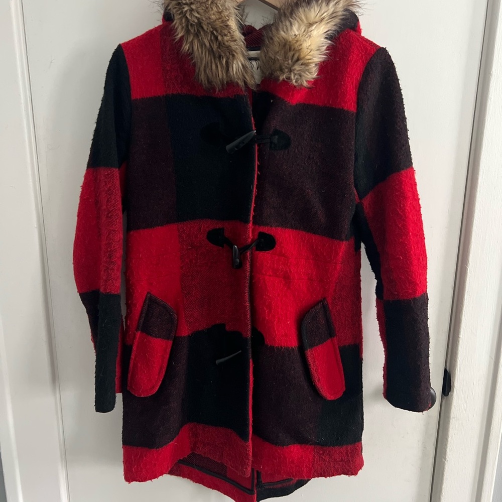 BB Dakota Plaid Red & Black Coat with Fur Hood, Size XS/S